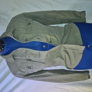 Lucky WomensOlive Military Style Jean JacketSz.ExSm EmbroideredFlowers.(#1492)EC